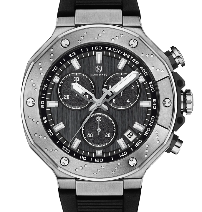 Sansi Mayo Romano Black Dial Men’s Watch — Silver Case with Black Silicone Strap