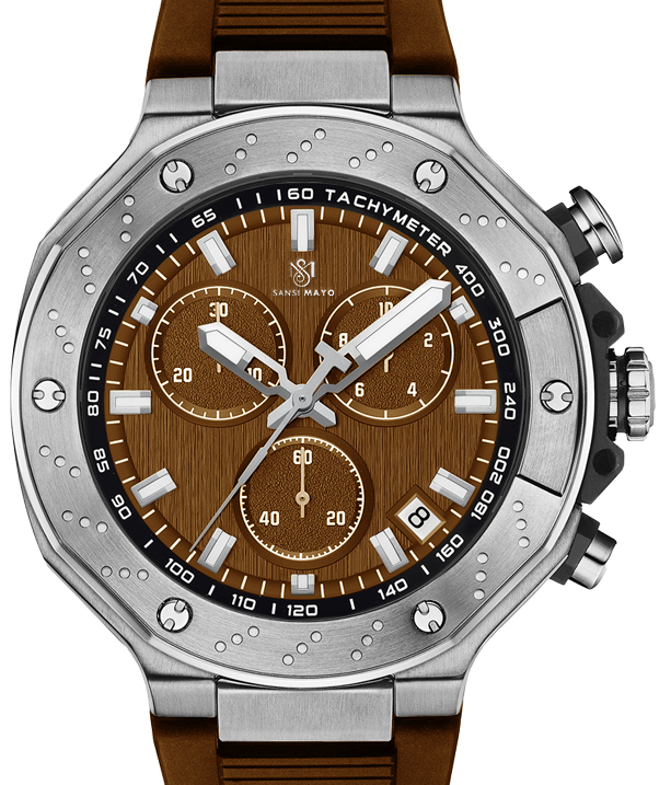 Sansi Mayo Romano Brown Dial Men’s Watch — Silver Case with Brown Silicone Strap