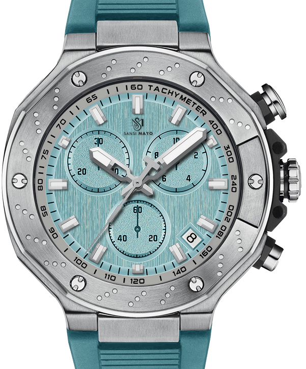 Sansi Mayo Men's Watch — Romano Collection (Sky Blue Dial, Silver Case, Sky Blue Silicone Strap)