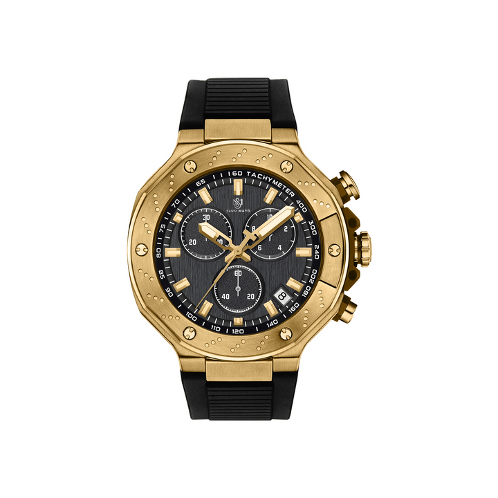 Sansi Mayo Romano Black Dial Men’s Watch — Gold Case & Black Silicone Strap