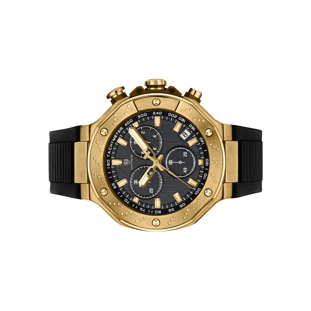 Sansi Mayo Romano Black Dial Men’s Watch — Gold Case & Black Silicone Strap