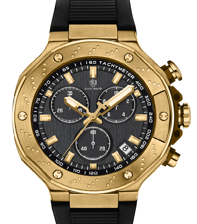 Sansi Mayo Romano Black Dial Men’s Watch — Gold Case & Black Silicone Strap