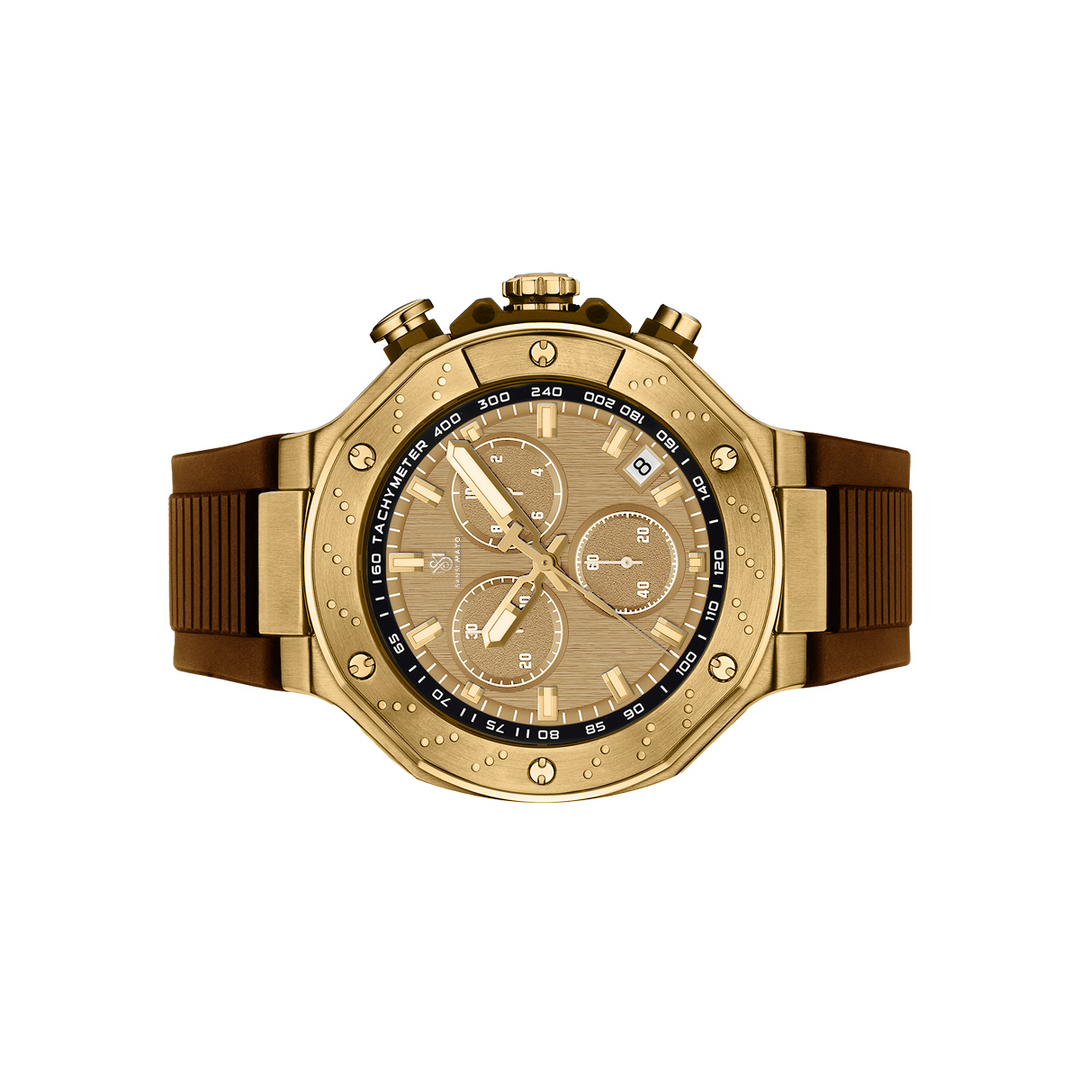 Sansi Mayo Romano Gold Dial Watch — Brown Strap, Gold Case for Men