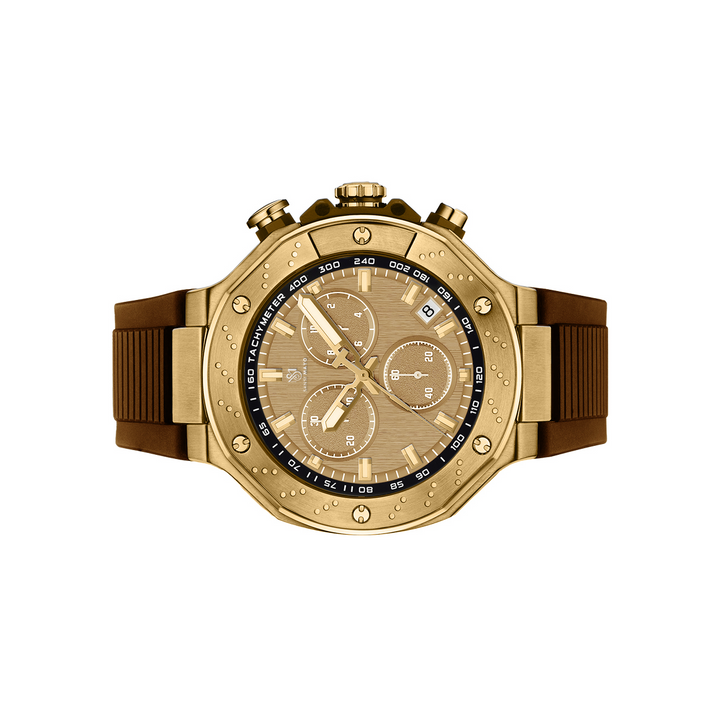 Sansi Mayo Romano Gold Dial Watch — Brown Strap, Gold Case for Men
