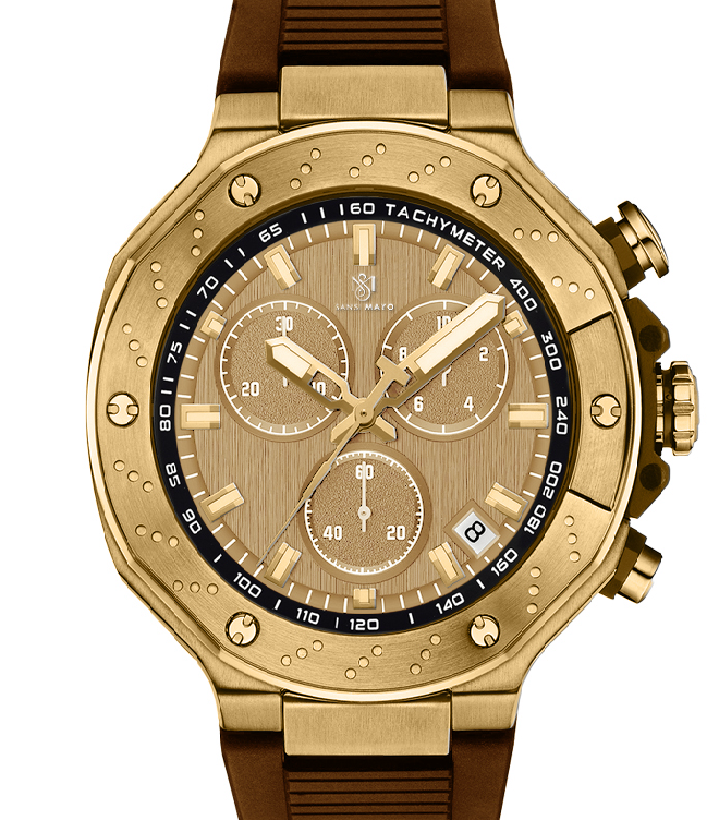Sansi Mayo Romano Gold Dial Watch — Brown Strap, Gold Case for Men