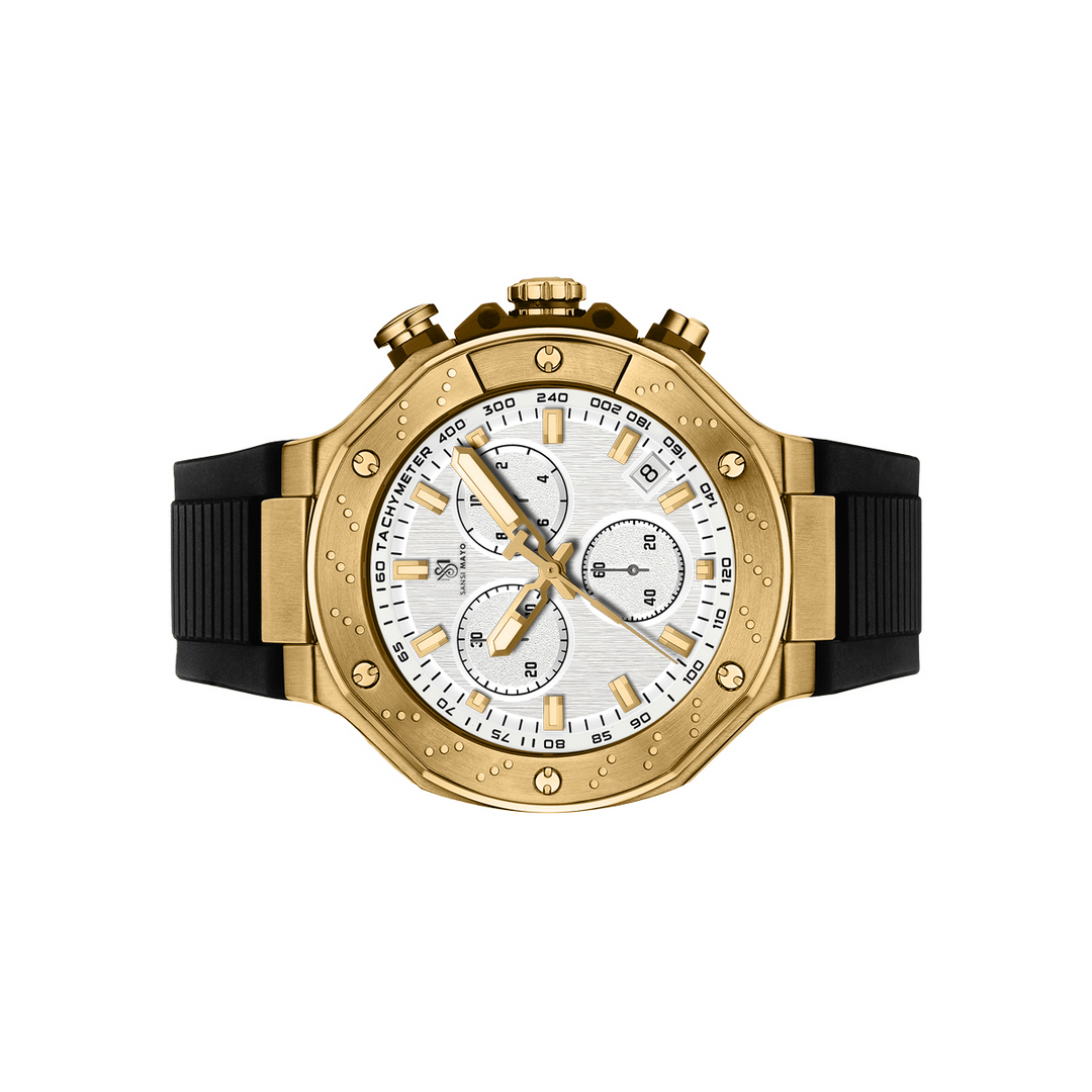 Sansi Mayo Romano White Dial Watch — Black Strap, Gold Case for Men