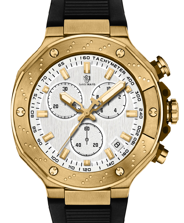 Sansi Mayo Romano White Dial Watch — Black Strap, Gold Case for Men