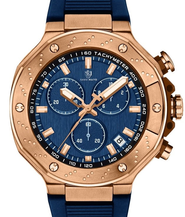 Sansi Mayo Romano Blue Dial Watch — Rose Gold Case, Blue Silicone Strap for Men