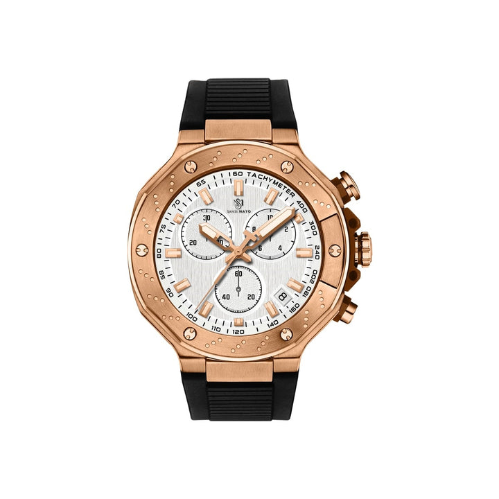 Sansi Mayo Romano White Dial Watch — Rose Gold Case, Black Silicone Strap for Men