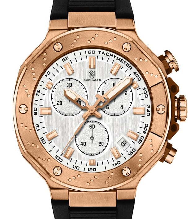 Sansi Mayo Romano White Dial Watch — Rose Gold Case, Black Silicone Strap for Men