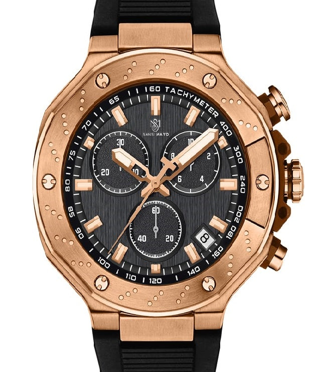 Sansi Mayo Romano Black Dial Watch — Rose Gold Case, Black Strap