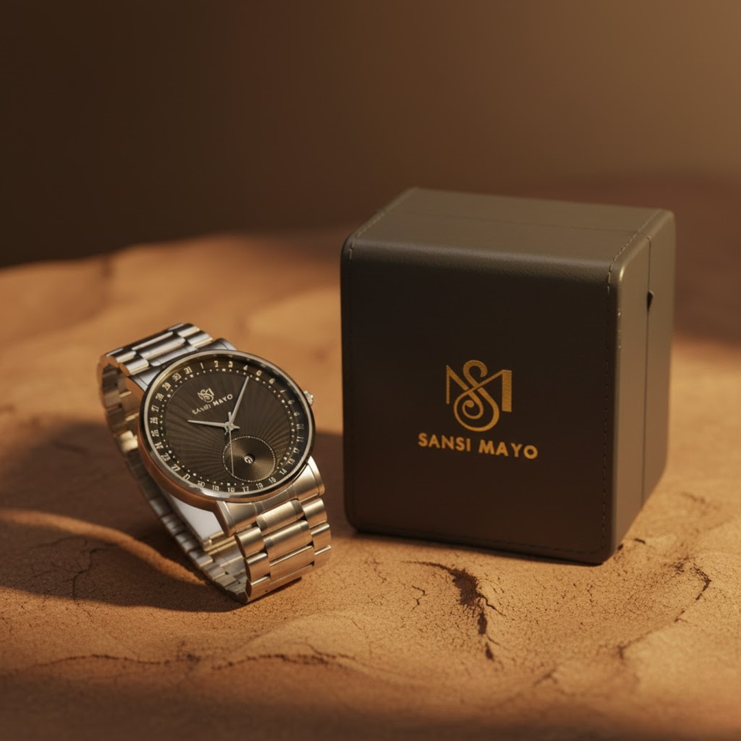 Silver Stainless Steel Watch — Black Dial