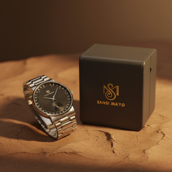 Silver Stainless Steel Watch — Black Dial