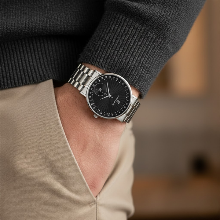 Silver Stainless Steel Watch — Black Dial