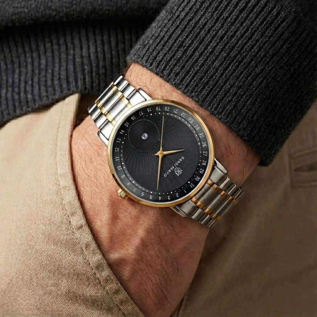 Two-Tone Silver & Gold Stainless Steel Watch — Black Dial