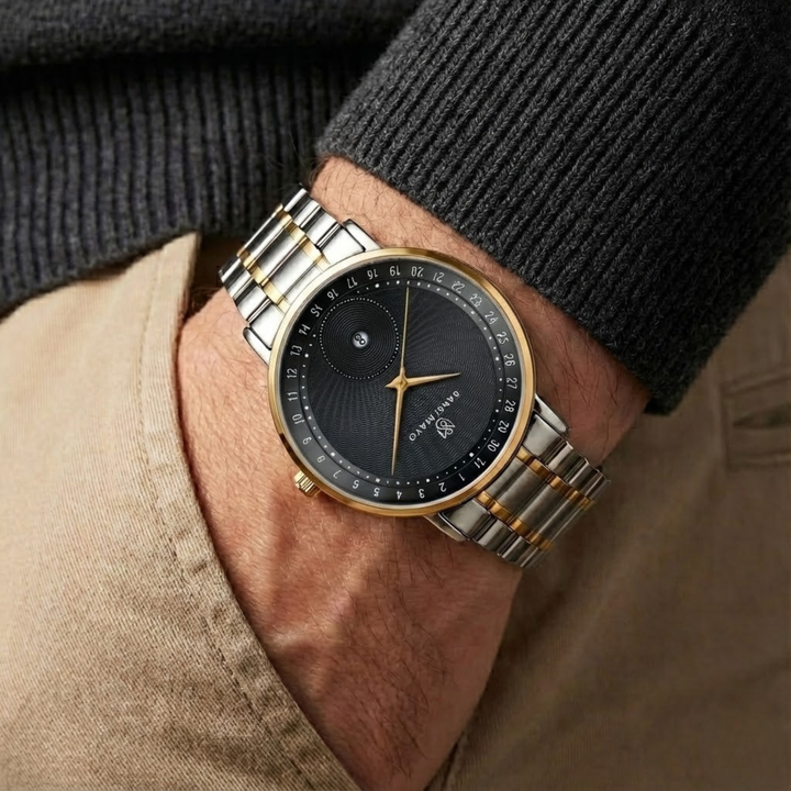 Two-Tone Silver & Gold Stainless Steel Watch — Black Dial