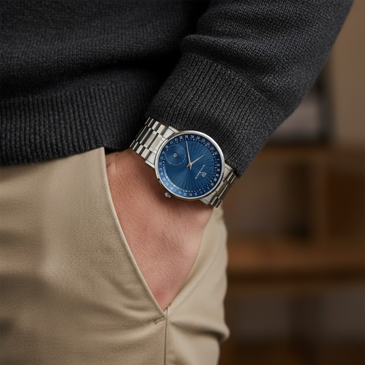 Silver Stainless Steel Watch — Blue Dial