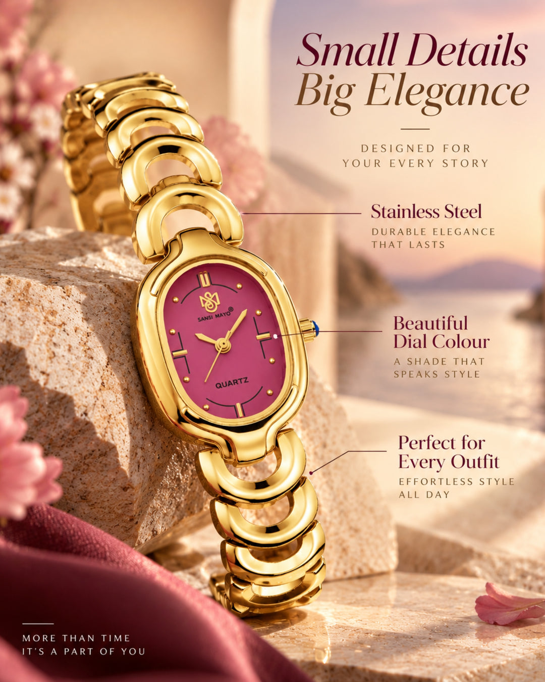 Sansi Mayo VETRA Dark Pink Dial Gold Stainless Steel Women's  Watch