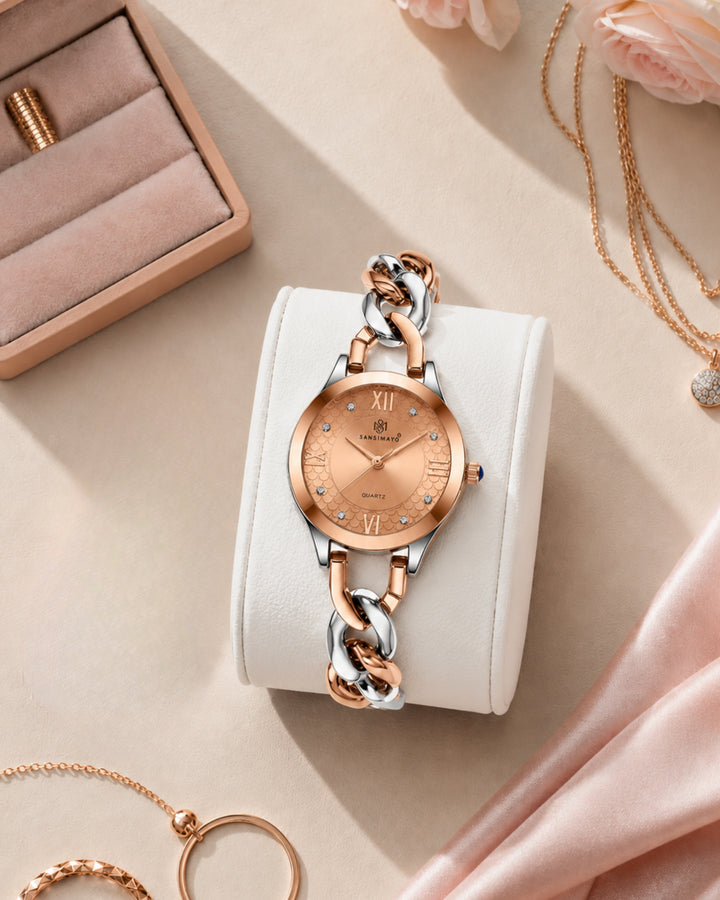 Zeenat Two Tone Silver Rose Gold Rose Gold Dial Quartz Watch