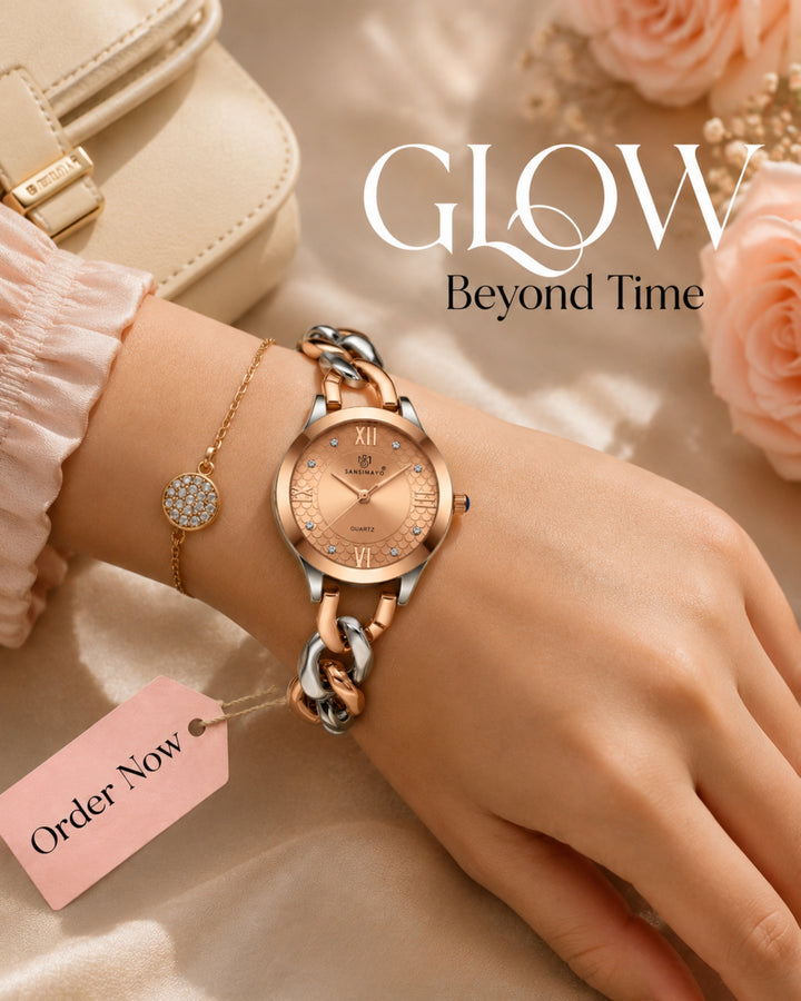 Zeenat Two Tone Silver Rose Gold Rose Gold Dial Quartz Watch