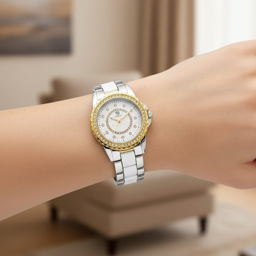 Round Two Tone White Wrist Watch