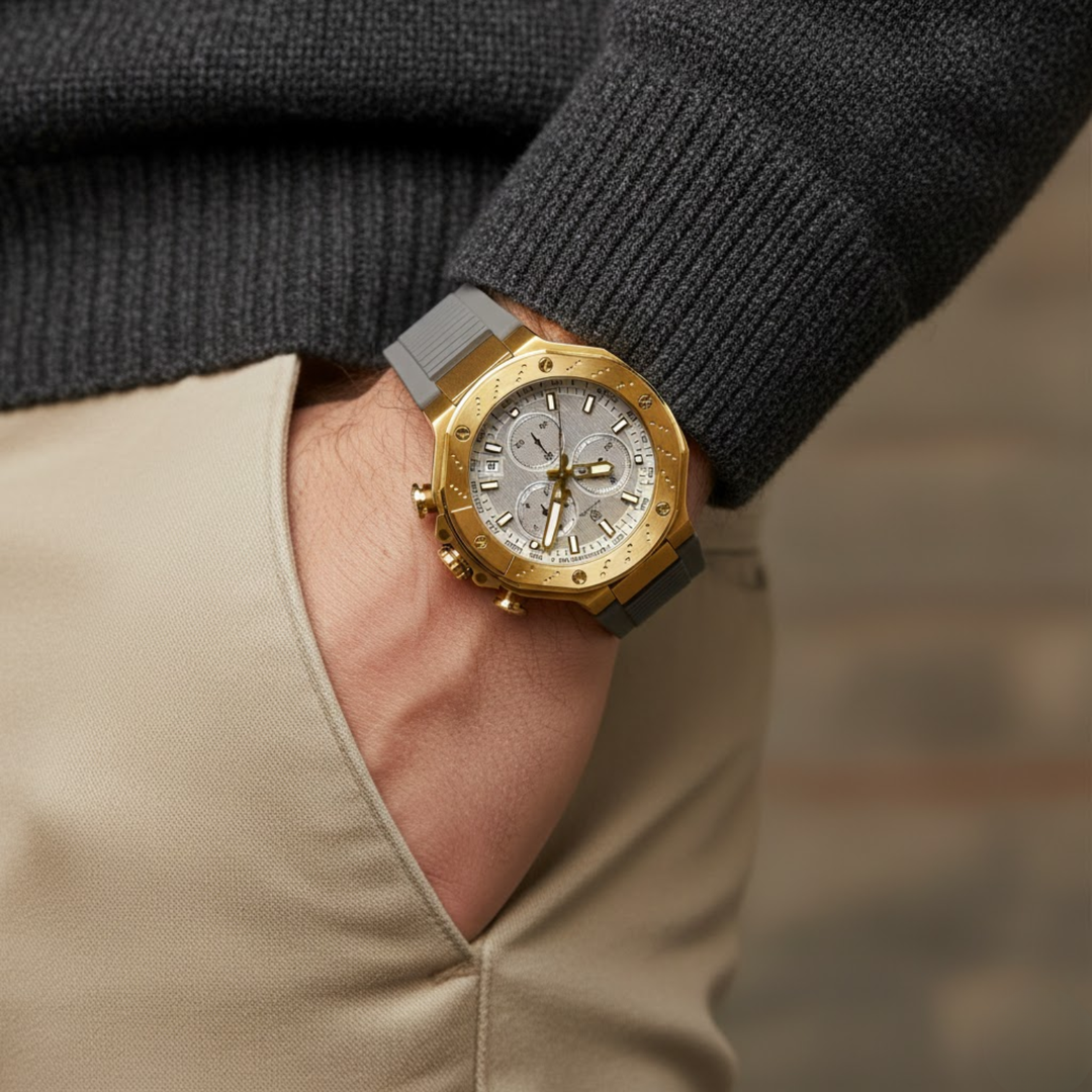 Romano Grey Dial Watch — Grey Strap, Gold Case for Men