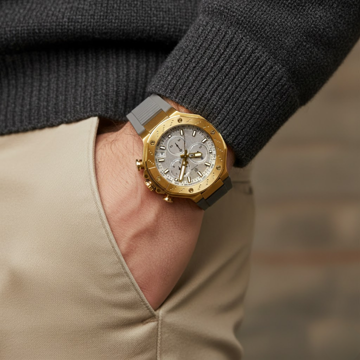 Romano Grey Dial Watch — Grey Strap, Gold Case for Men