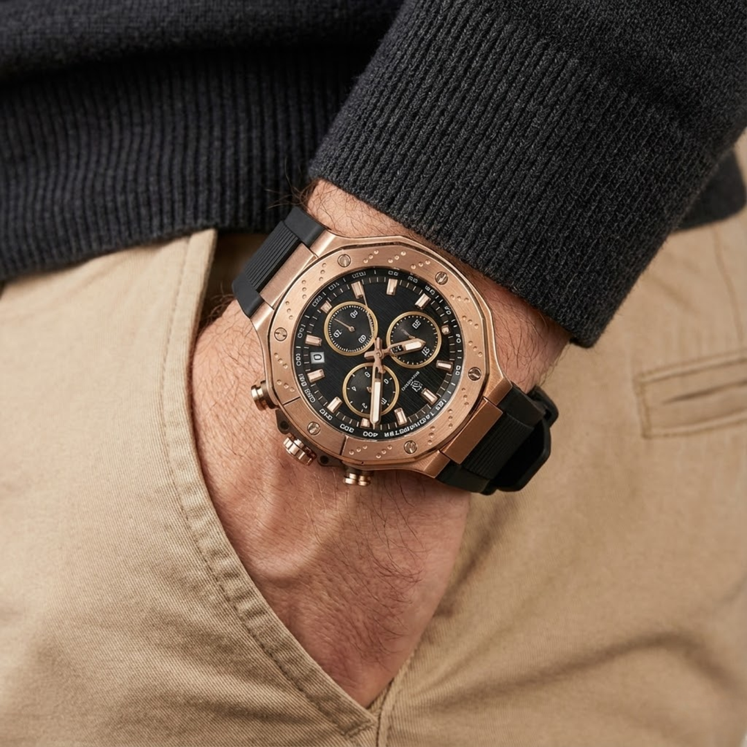 Romano Black Dial Watch — Rose Gold Case, Black Strap