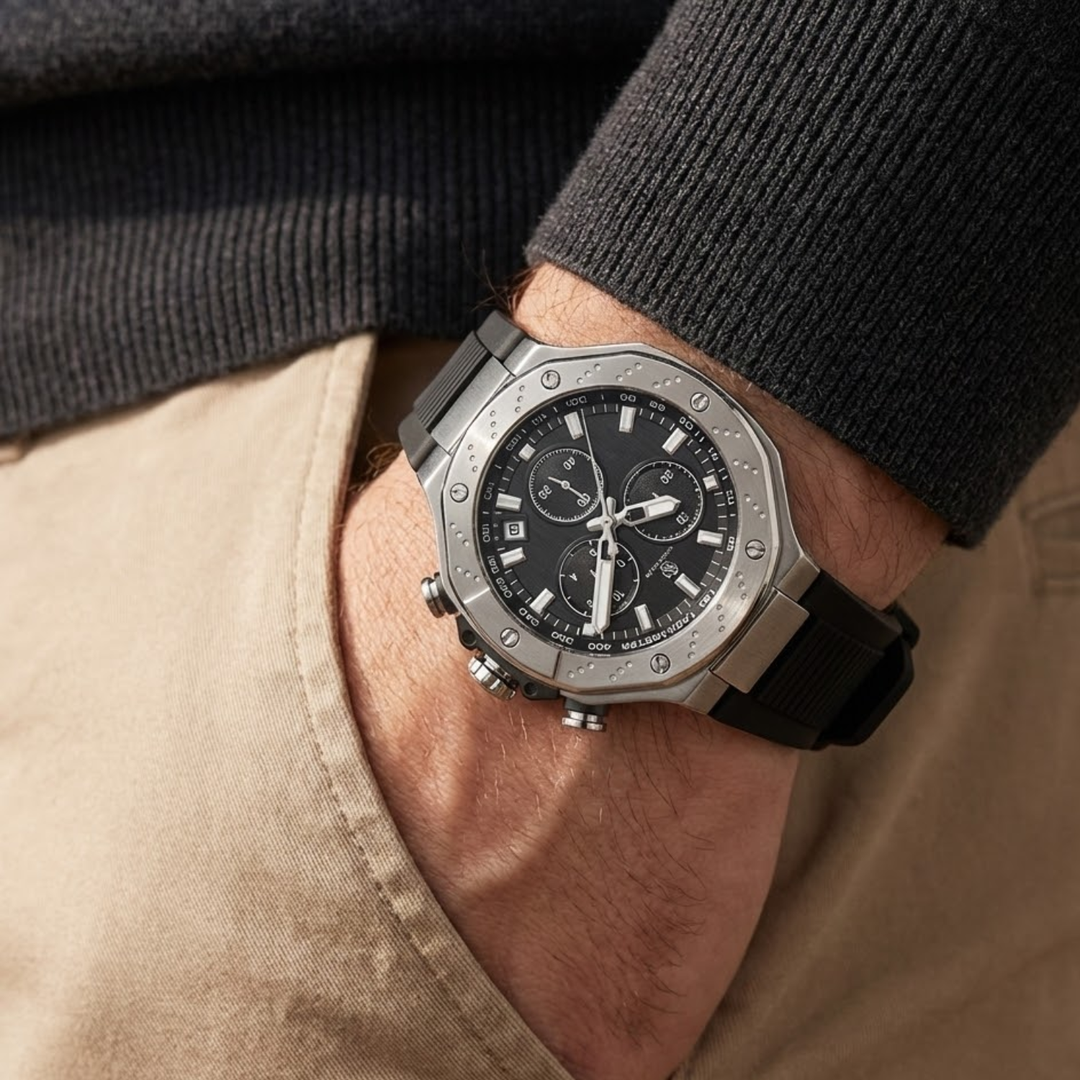 Romano Black Dial Men’s Watch — Silver Case with Black Silicone Strap