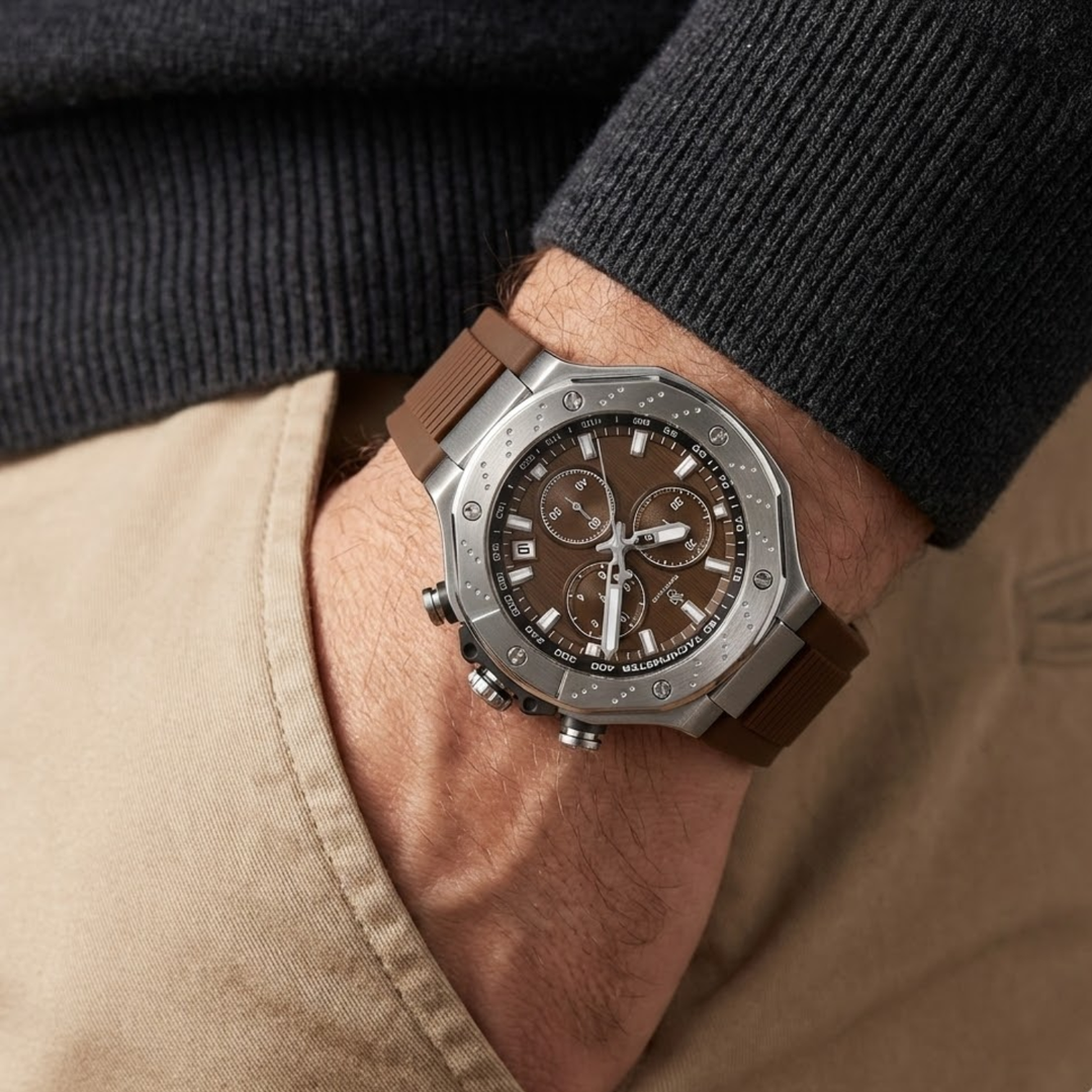 Romano Brown Dial Men’s Watch — Silver Case with Brown Silicone Strap