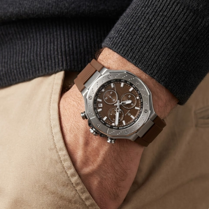 Romano Brown Dial Men’s Watch — Silver Case with Brown Silicone Strap