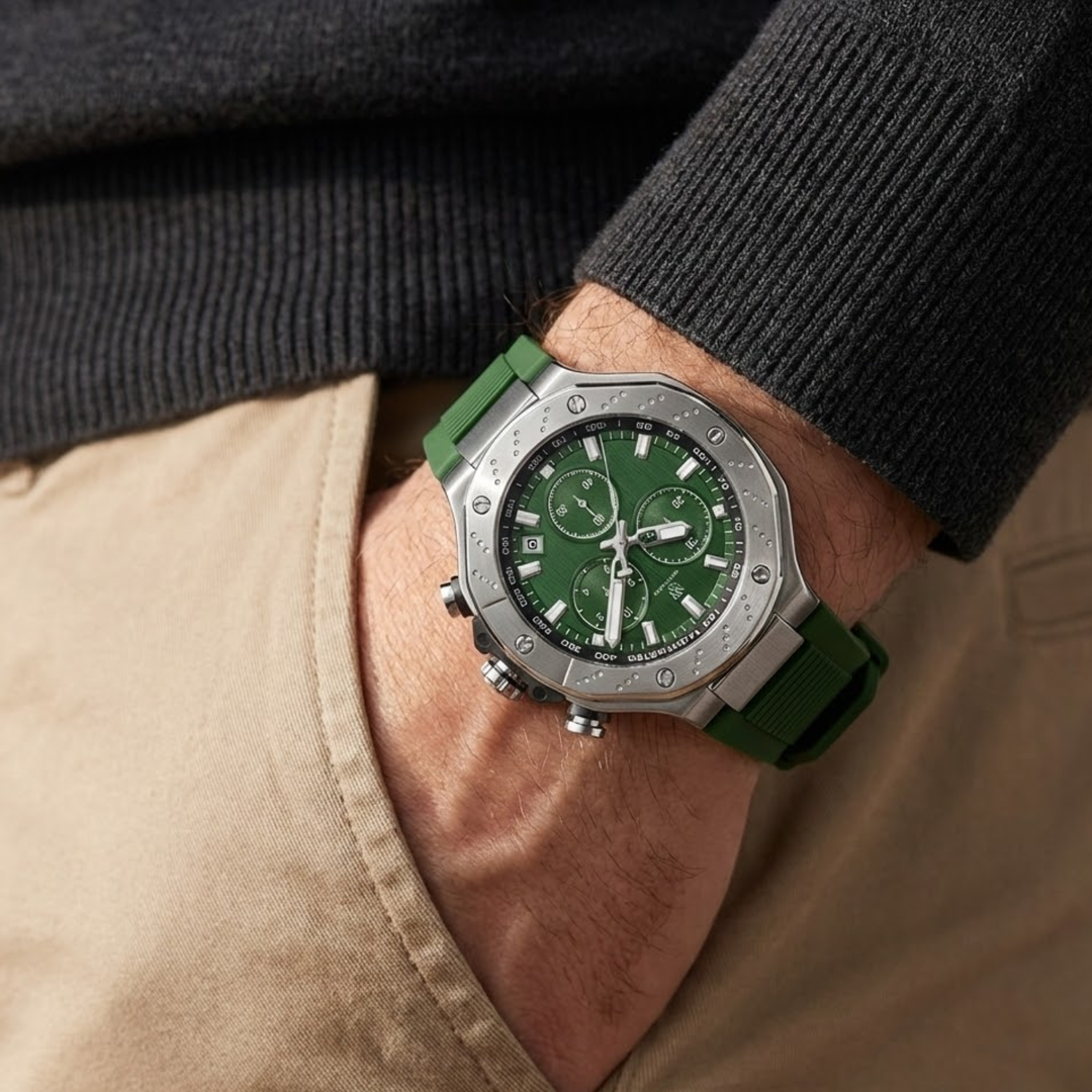 Romano Green Dial Men’s Watch — Silver Case with Green Silicone Strap
