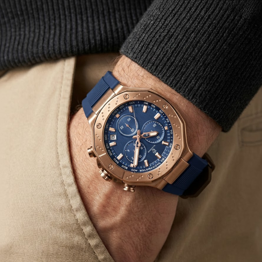 Romano Blue Dial Watch — Rose Gold Case, Blue Silicone Strap for Men