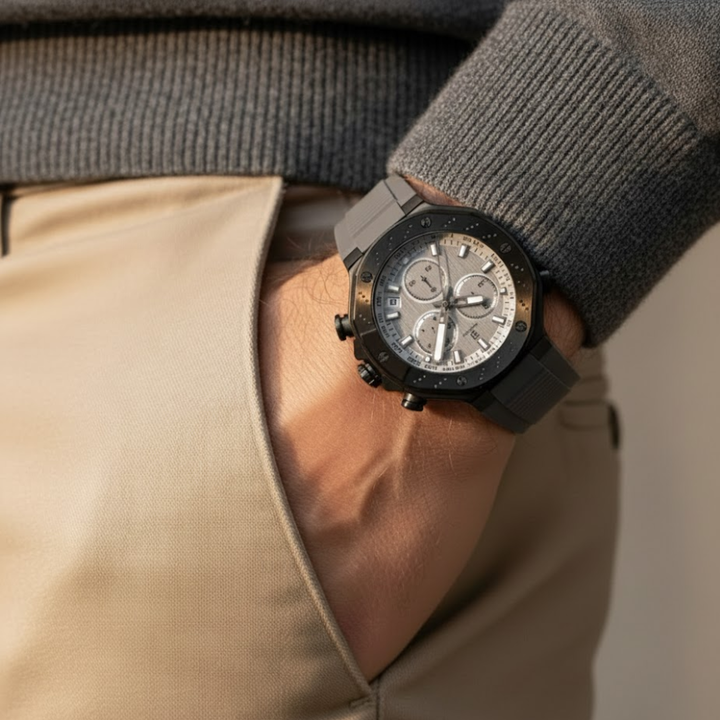 Romano Grey Dial Men’s Watch — Black Case & Silicone Strap