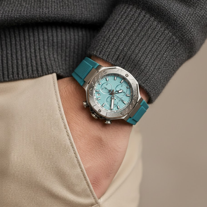 Men's Watch — Romano Collection (Sky Blue Dial, Silver Case, Sky Blue Silicone Strap)