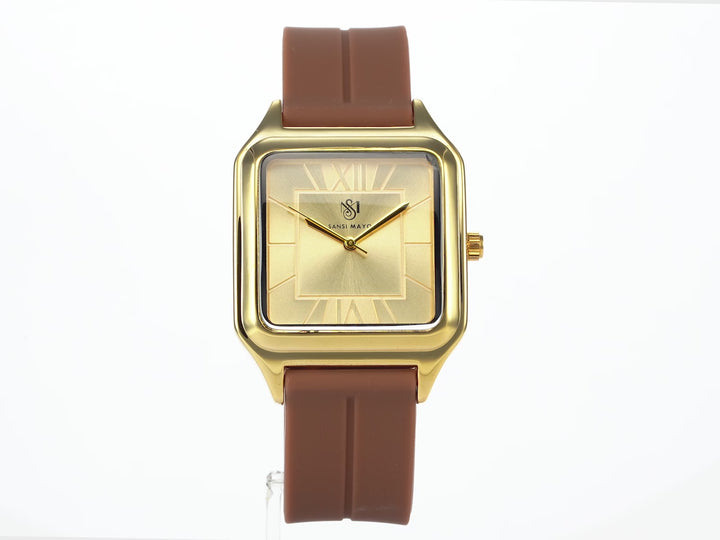 SANSI MAYO Men's Brown Silicone | Gold Dial | Analog | 10mm | Stainless Steel | Square Case | Quartz