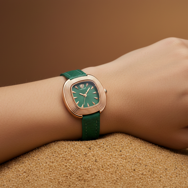 Verona Green Dial Rose Gold Leather Watch for Women