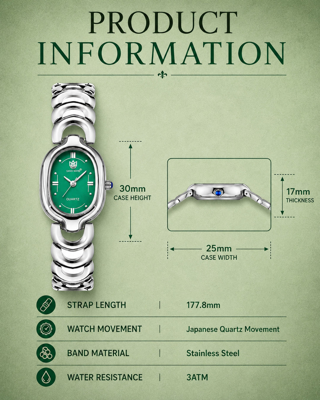 Sansi Mayo VETRA -Green Dial & Silver Bracelet